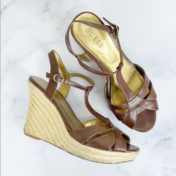 Guess Shoes - Guess Brown Strappy Leather Espadrille Wedges 🌿